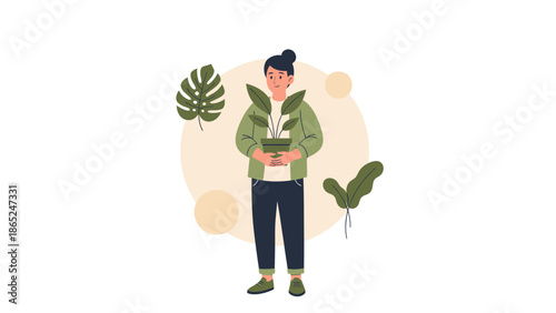 Person holding potted plant, surrounded by leaves and circles, flat vector illustration