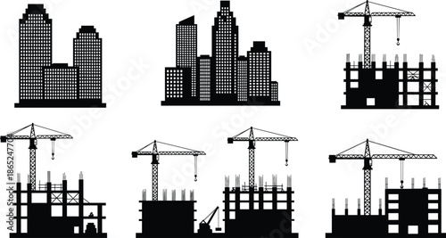 City skyline and construction site silhouette with cranes, high-rise buildings, urban development, architectural growth, black vector illustration