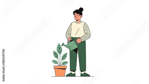 Person watering potted plant, illustration, gardening, growth, self-care, lifestyle