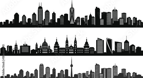 City skyline silhouette vector, modern architecture, iconic landmarks, urban skyline set, tall buildings, cityscape art, architectural shapes, famous towers, skyline illustration pack