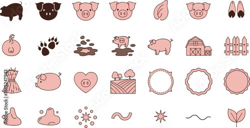 Cute pig farm icons set in pink and brown hues for design