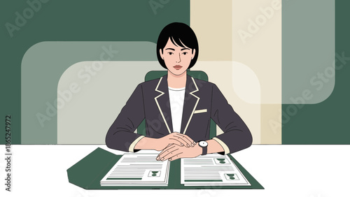Professional Woman in Business Suit at Desk with Documents, Interviewer