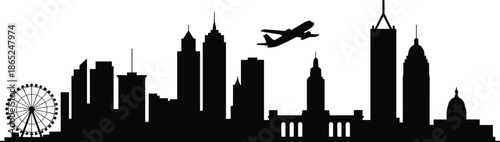 City skyline silhouette with airplane flying, modern buildings, skyscrapers, ferris wheel, architecture, urban scene, travel, black vector illustration