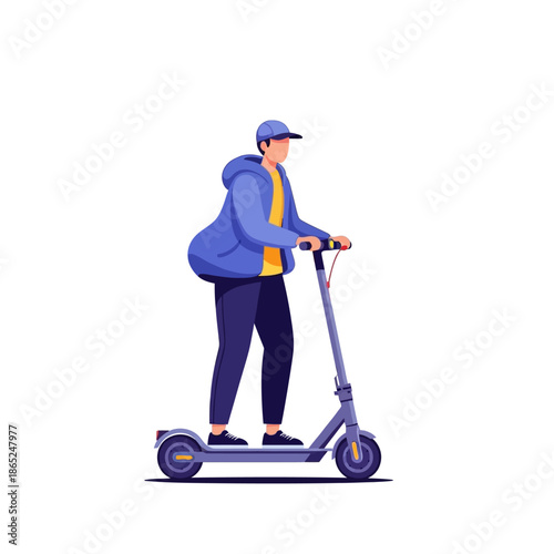 Young man riding electric scooter in modern urban setting