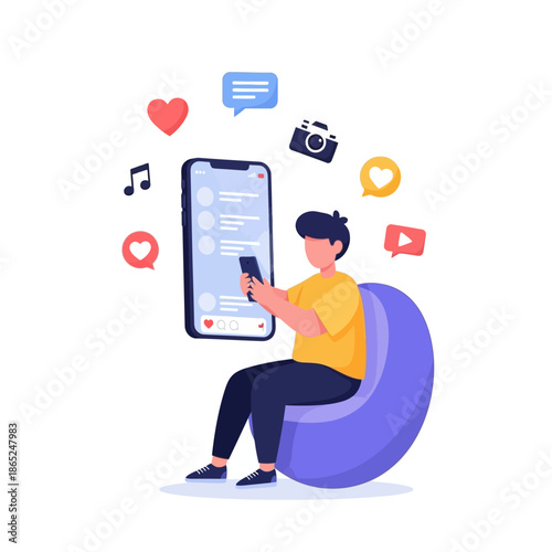 Young man enjoying social media on smartphone in modern chair