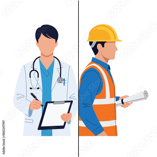 Professionals at work, doctor and engineer in modern attire