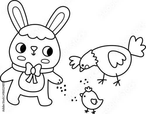 Vector Easter bunny feeding chick with hen. Funny rabbit line icon. Cute spring or farm animal black and white illustration for kids. Funny hare clipart, coloring page isolated on white background
