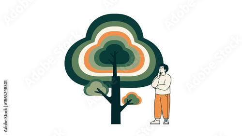 Person contemplating a stylized, layered tree, symbolizing growth, nature, and thought.