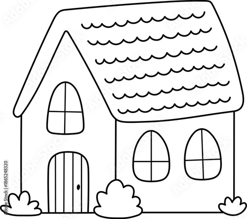 Vector line country house icon isolated on white background. Farm or Easter village wooden cottage illustration, coloring page. Cute rural garden black and white home