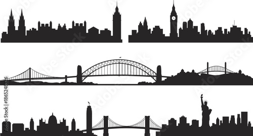City skyline silhouettes with famous world landmarks, bridges, buildings, urban architecture, black vector illustration for travel, tourism, and design