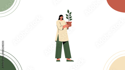 Person holding a potted plant, illustration, concept of growth, nature, and sustainability