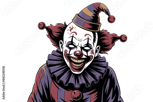 A spooky clown with a sinister smile and a ruffled collar stares forward.