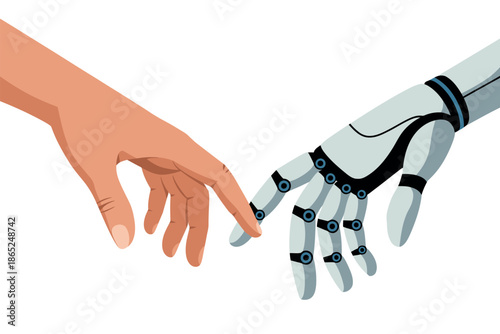 A human hand and a robot hand reach out to touch each other on a white background.