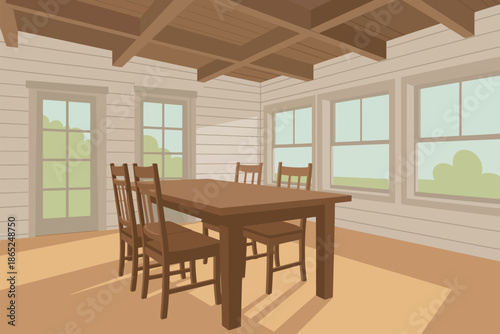 A wooden dining room table with chairs is illuminated by sunlight streaming through windows.