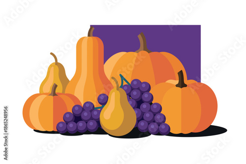 A still life arrangement of pumpkins, pears, and grapes against a purple background.