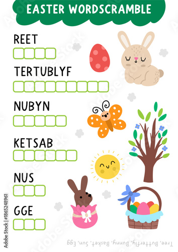 Vector Easter word scramble activity page. English language game with bunny, colored egg, basket, blooming tree, butterfly, sun for kids. Spring holiday family quiz, printable worksheet
