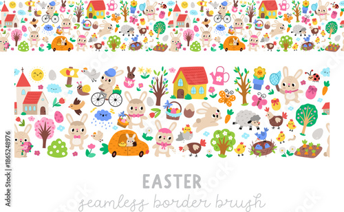Vector Easter seamless border brush with traditional symbols, bunny, chick, colored egg. Repeat horizontal background for banners, invitations. Cute spring holiday illustration