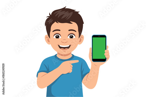 A young boy holds up a smartphone with a green screen and points to it.