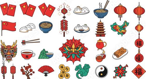 Vibrant Chinese New Year celebration elements with traditional symbols and festive icons