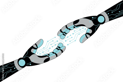Two robotic hands reaching towards each other with digital connections flowing between them.