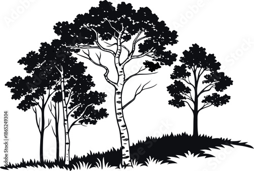 A striking silhouette illustration of a forest clearing with various trees and grassy terrain isolated on white background