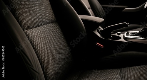 Close-up of modern car interior, textured fabric seat and console
