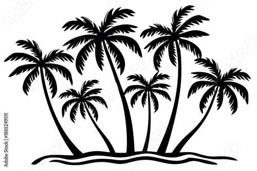 A picturesque black and white silhouette of several exotic palm trees on a tropical shore isolated on white background