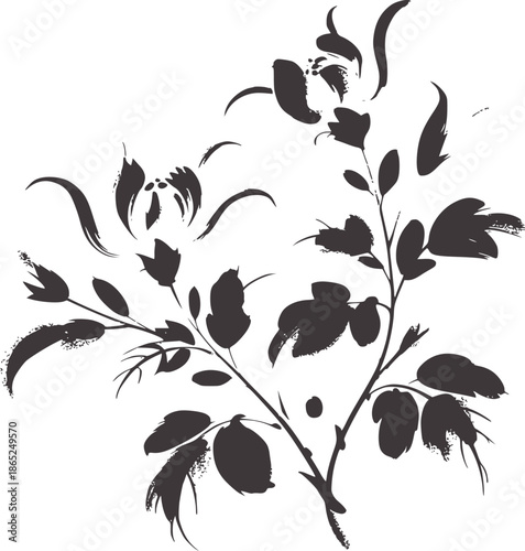 Traditional Chinese ink painting style floral branch in monochrome