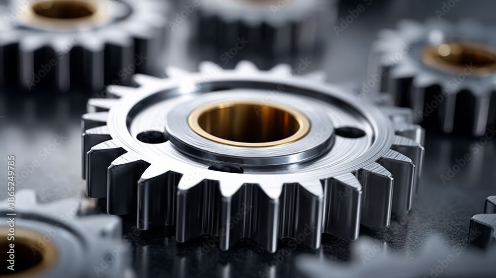 Naklejka premium A close up of a gear with a gold band around it. The gears are all different sizes and are arranged in a circle. Concept of precision and complexity, as gears are often used in machinery