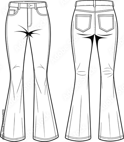 Classic flared denim jeans with front and back pockets, belt loops, high waist, stylish stitching details, fashion flat sketch vector