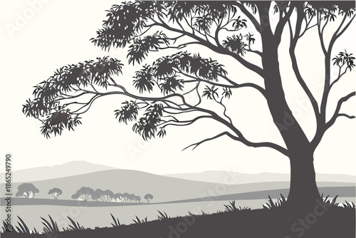 A serene landscape silhouette with a majestic tree in the foreground and layered hills isolated on white background