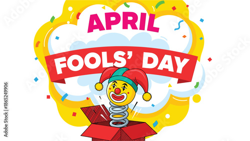 A colorful illustration of a jester popping out of a box on April Fools' Day