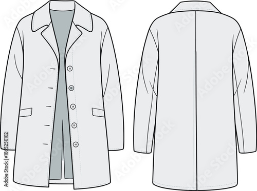 Classic men’s coat technical sketch front and back view, vector fashion flat with collar, buttons and pocket placement for tailoring.