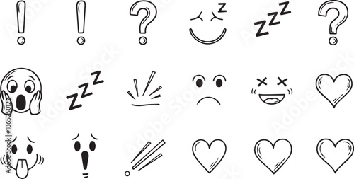 Set of Hand-Drawn Expression Icons featuring Sketchy Emojis, Decorative Hearts, Bold Exclamation Marks and Creative Character Mood Doodles on White Background