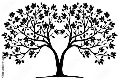 Symmetrical silhouette of a lush tree with intricate branches and abundant leaves isolated on white background