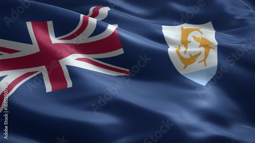 National flag of Anguilla waving in a seamless loop with Blue Ensign and three dolphins shield