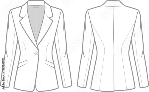 Classic women’s blazer cad drawing front and back view, tailored jacket vector sketch, formal outfit fashion flat illustration