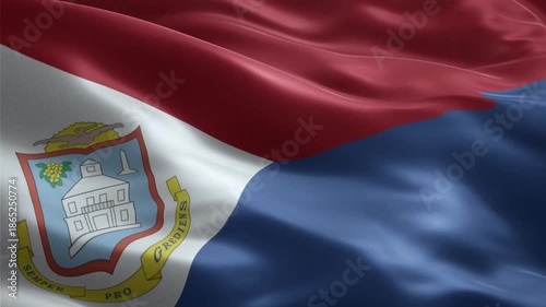 National flag of Sint Maarten waving in a seamless loop with coat of arms and red and blue stripes