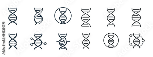 A set of 12 minimalist outline icons on the theme of DNA and genetics. All icons are made in the same clean style: thin dark blue (or black) lines on a white background, without filling.