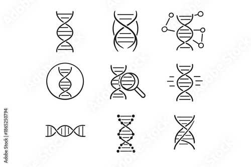 A small set of 9 minimalist outline icons on the theme of DNA and genetics, made in a very simple black outline style with thin lines on a white background, without filling or additional details.