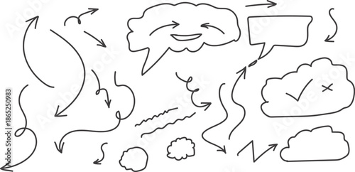 A collection of whimsical hand drawn doodles , arrow and symbols on a white background