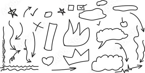 A collection of whimsical hand drawn doodles , arrow and symbols on a white background