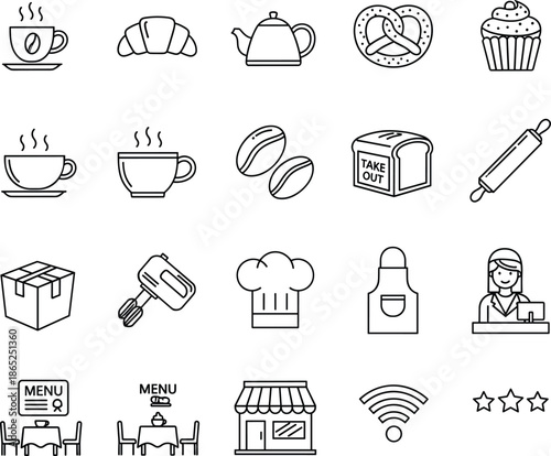 Coffee and bakery icons set, cafe symbols, hot drinks, pastry, kitchen tools, restaurant menu, chef hat, apron, food delivery, dining, wireless internet, star rating