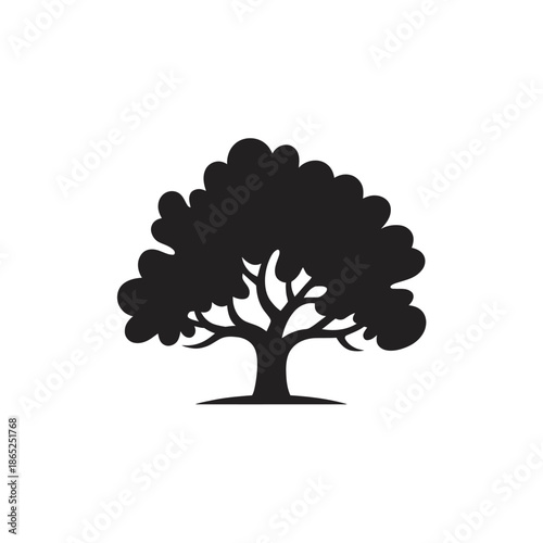 A stylized black silhouette vector graphic of a full-grown tree with a large canopy and spreading branches
