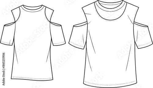 Cold shoulder short sleeve women's t-shirt technical flat sketch with front and back view, loose fit, vector fashion cad drawing