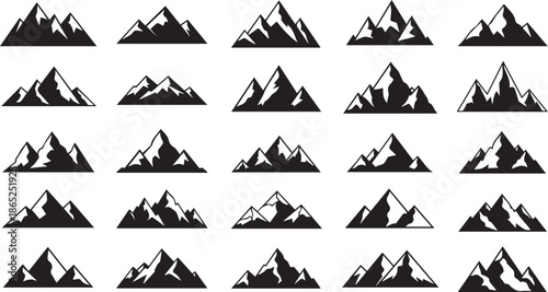 Mega Collection of Bold Black Mountain Silhouettes featuring Professional Peak Icons, Rugged Highland Ranges and Creative Nature Adventure Symbols on White Background