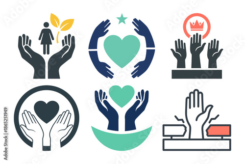 Line icons of hands protecting a woman and nature, symbolizing care, growth, and environmental protection.