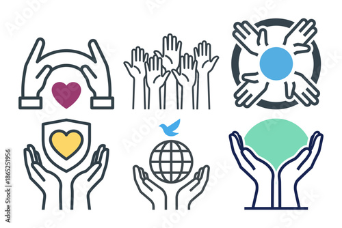 Glyph icons representing human rights, protest, community, and breaking barriers for social justice and equality.