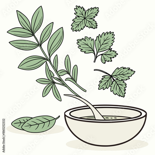 Minimalist Vector Illustration of Floating Herbs Above a Bowl