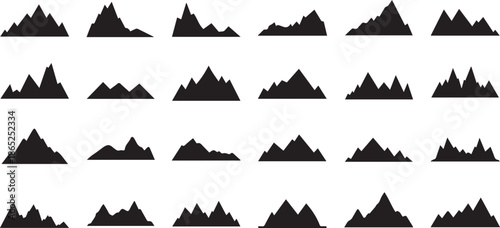 Mega Set of Black Mountain Silhouettes featuring Jagged Peak Icons, Minimalist Highland Ridges and Creative Nature Adventure Symbols on White Background